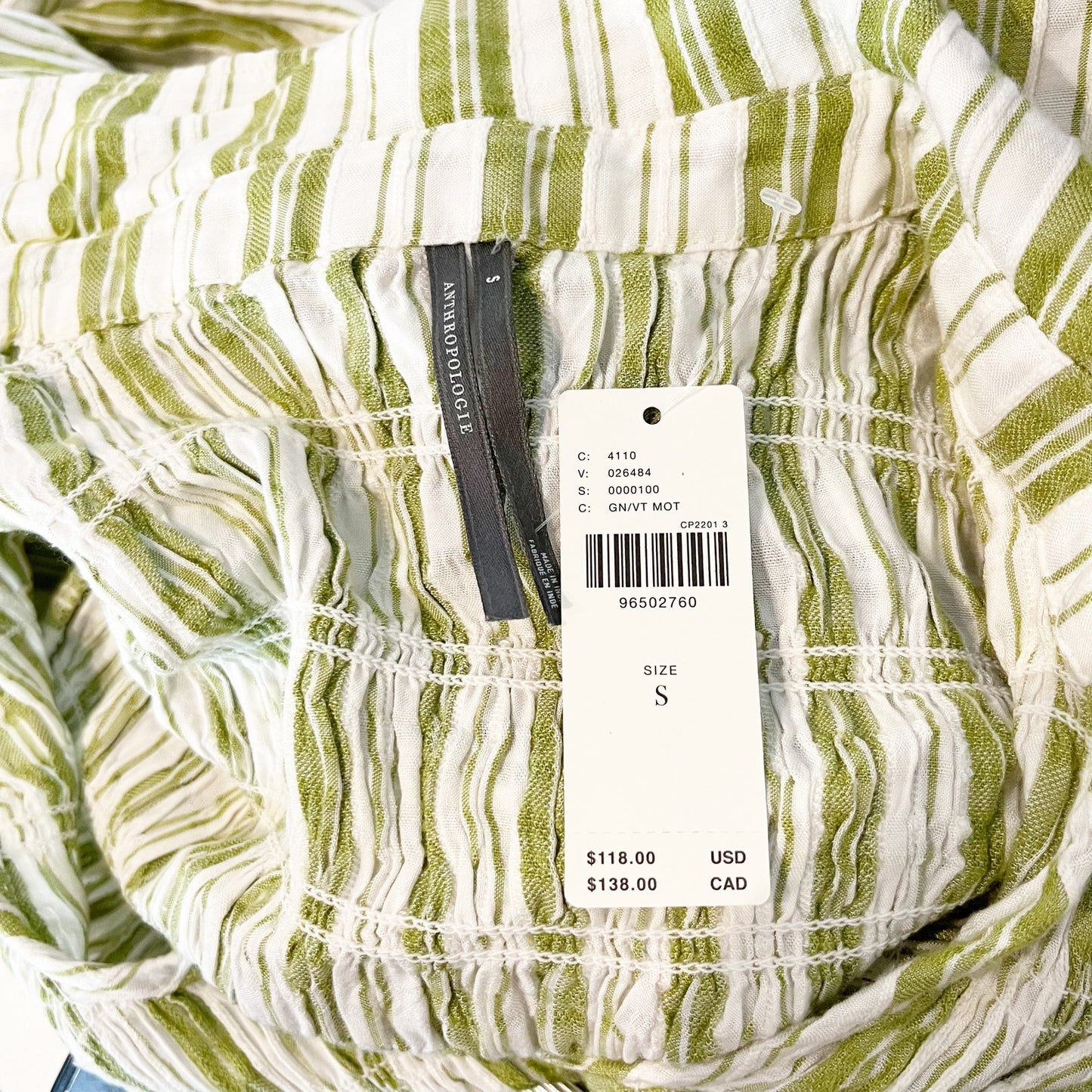 Anthropologie Long Balloon Sleeve Scoop Neck Collared Blouse Green White Small