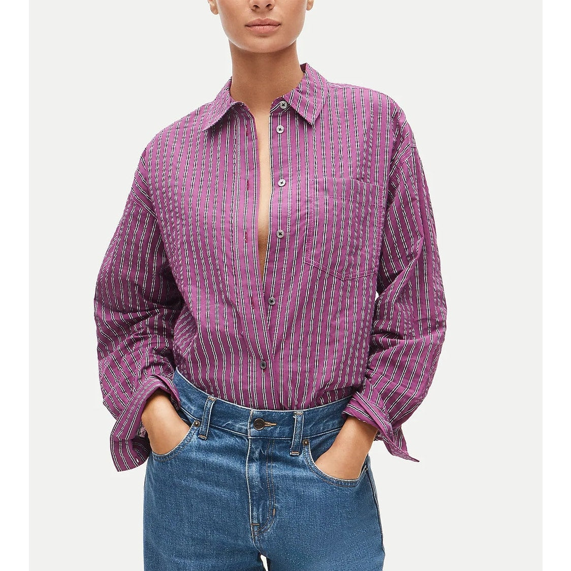 J. Crew Étienne Oversized Fit Dobby Stripe Button-Up Shirt Faded Fuchsia XXS