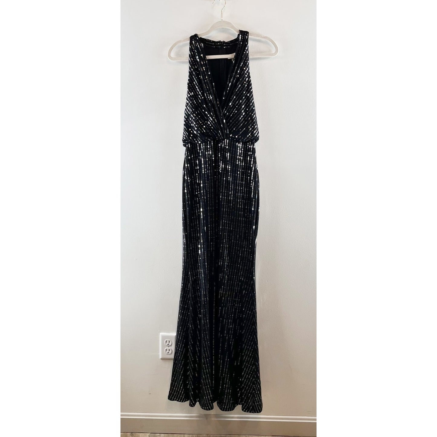 Calvin Klein Sleeveless V Neck Blousson Top Sequin Sparkle Maxi Dress Gown Black