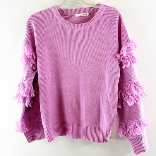 E.ssue Long Sleeve Crewneck Fringe Detail Pullover Sweater Pink Small