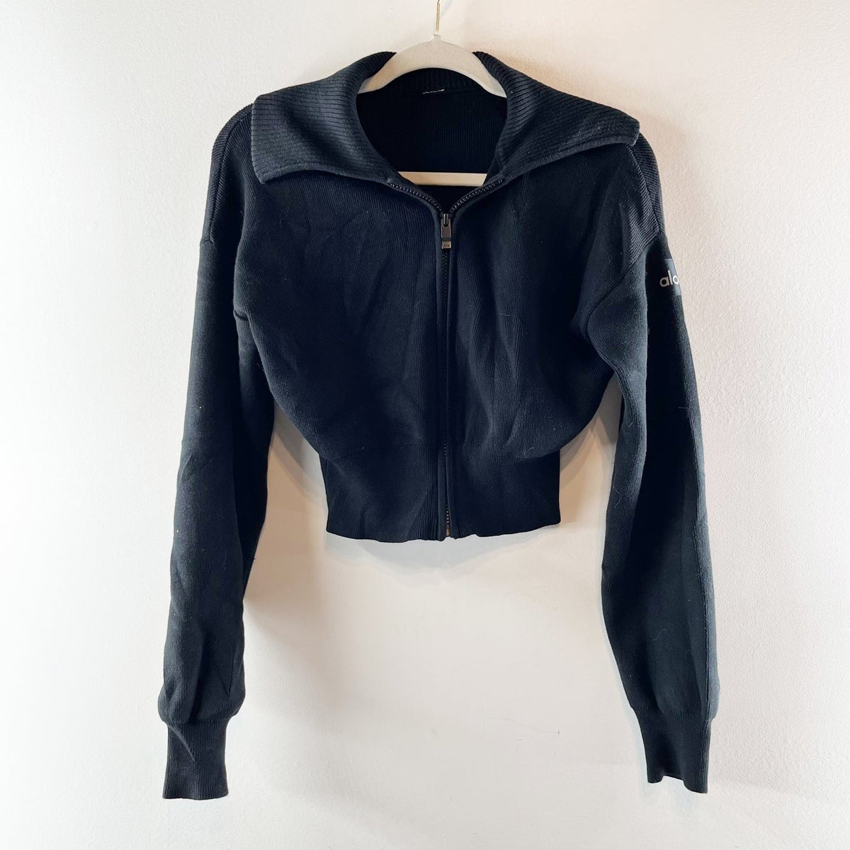 Alo Yoga Scholar Long Sleeve Collared Knit Cropped Full Zip Jacket Black Small