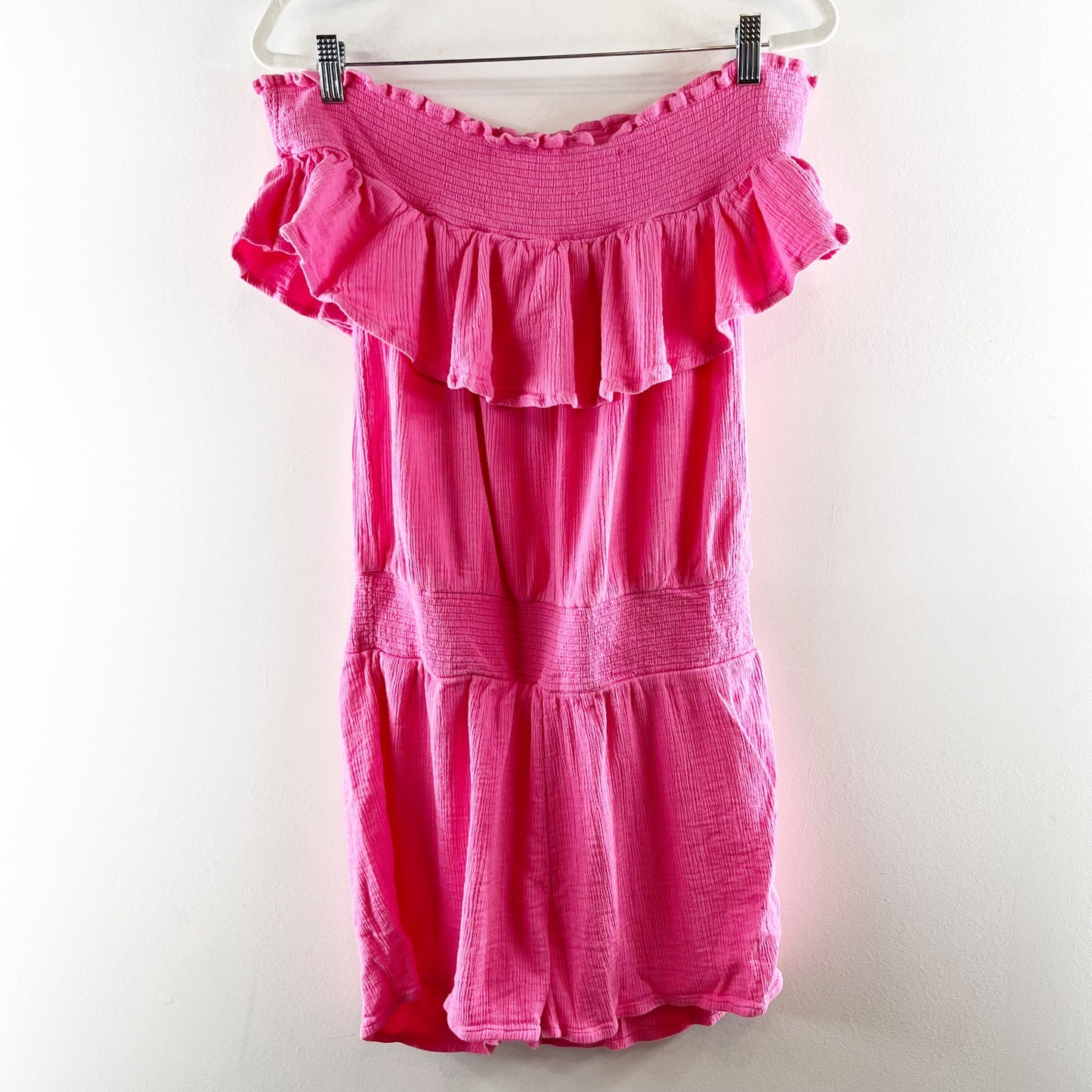 Vineyard Vines Off The Shoulder Ruffle Cotton Gauze Romper Pink Large