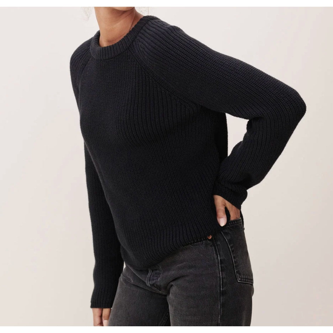 Jenni Kayne Cotton Fisherman Crewneck Sweater Black Medium