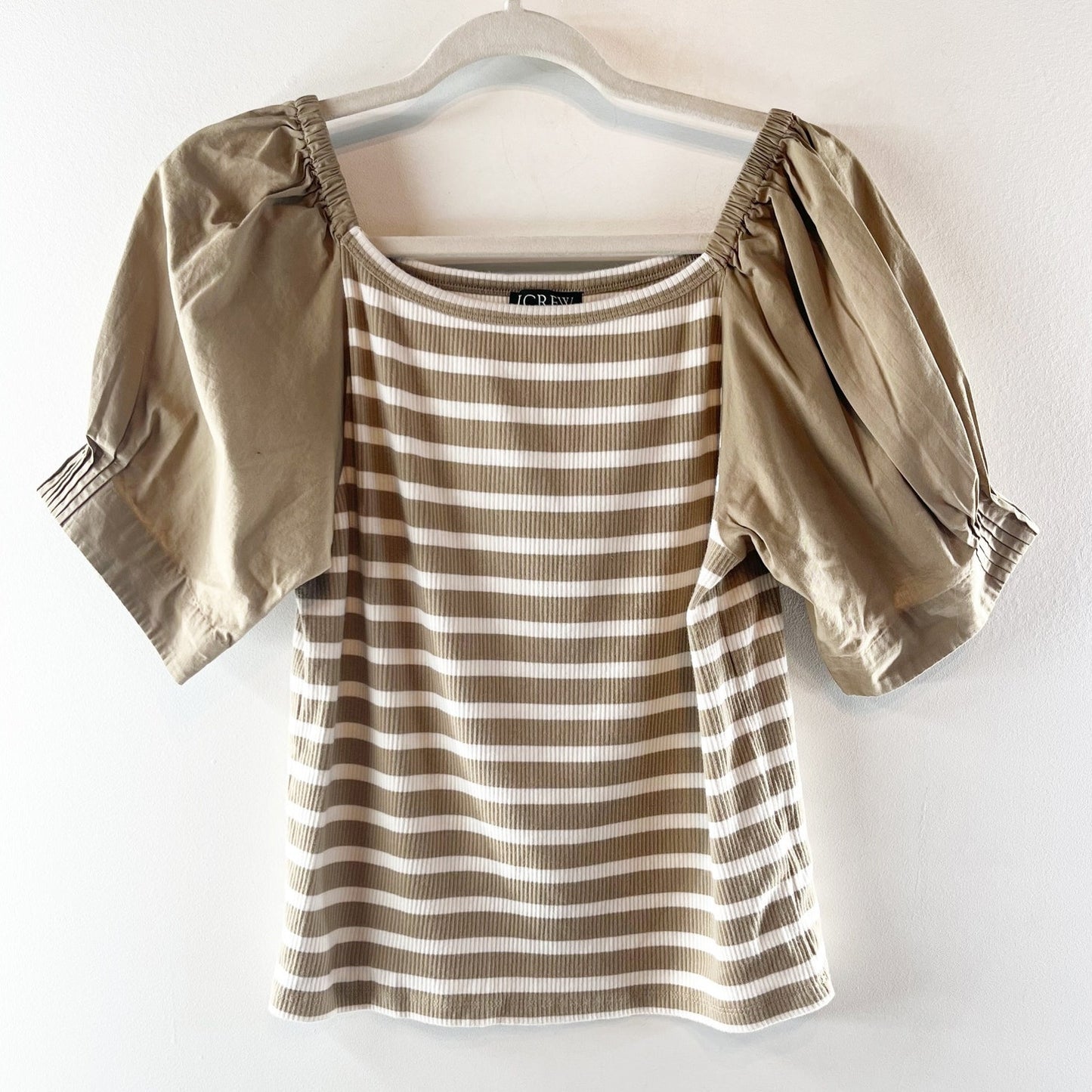J. Crew Short Puff Sleeve Striped Ribbed Top Tee Shirt Tan Cream Large