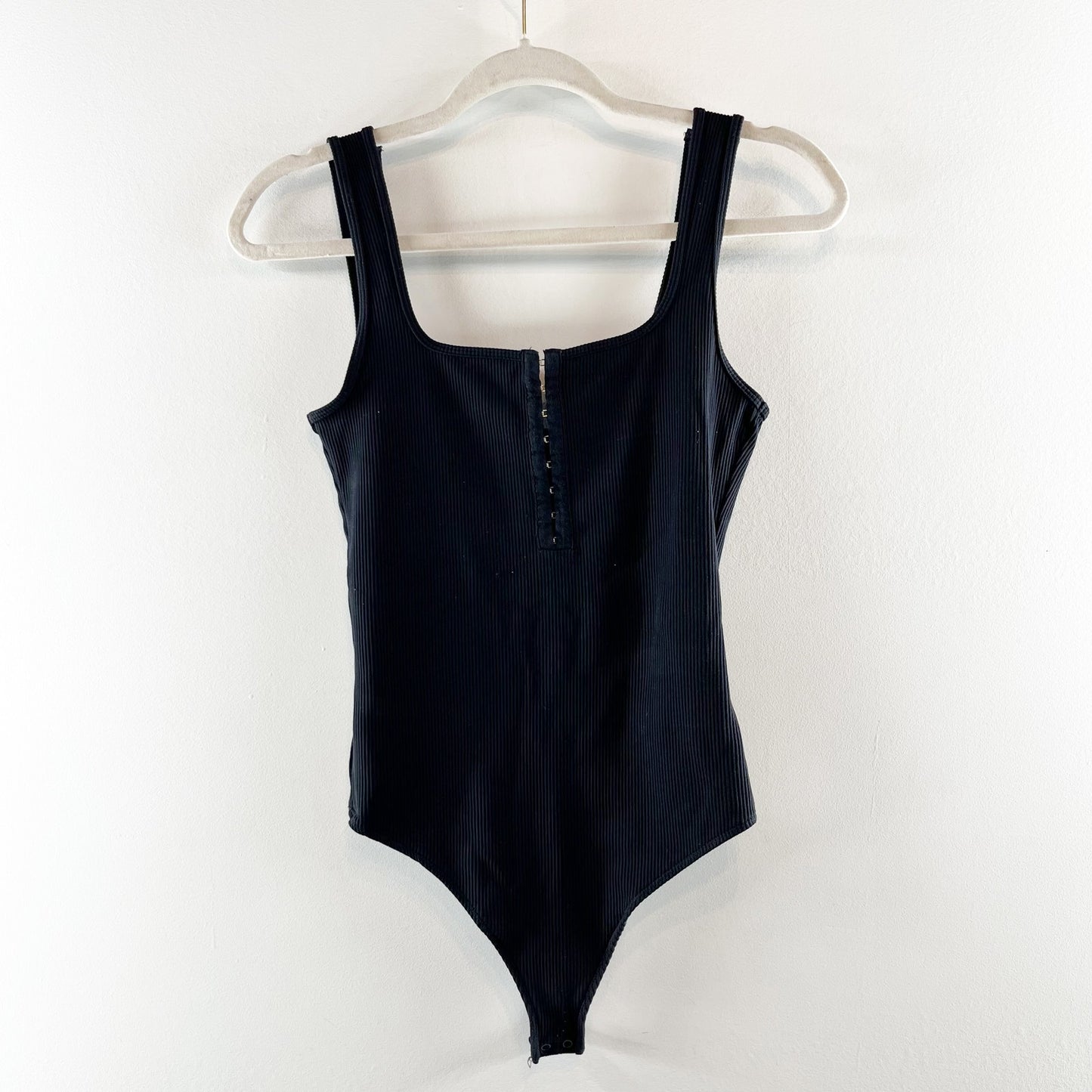 Abercrombie & Fitch Sleeveless Square Neck Ribbed Thong Bodysuit Black Medium