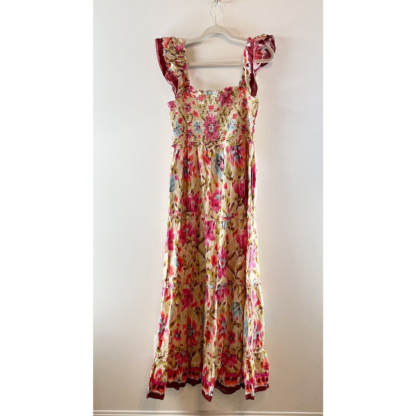House of Harlow 1960 Zoey Floral Flutter Sleeve Smocked Maxi Dress Pink Multi L