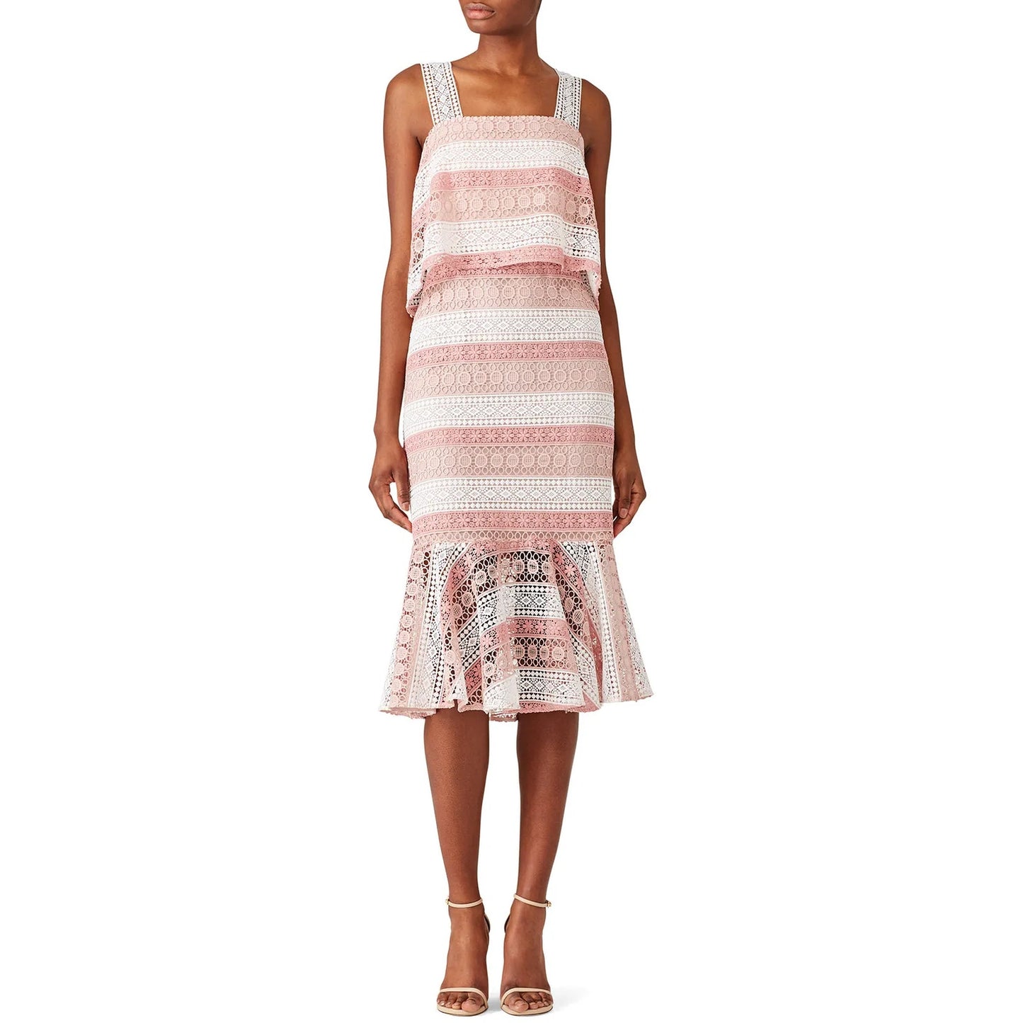 Shoshanna Dunham Striped Estepona Crochet Lace Midi Sheath Dress Pink White 0
