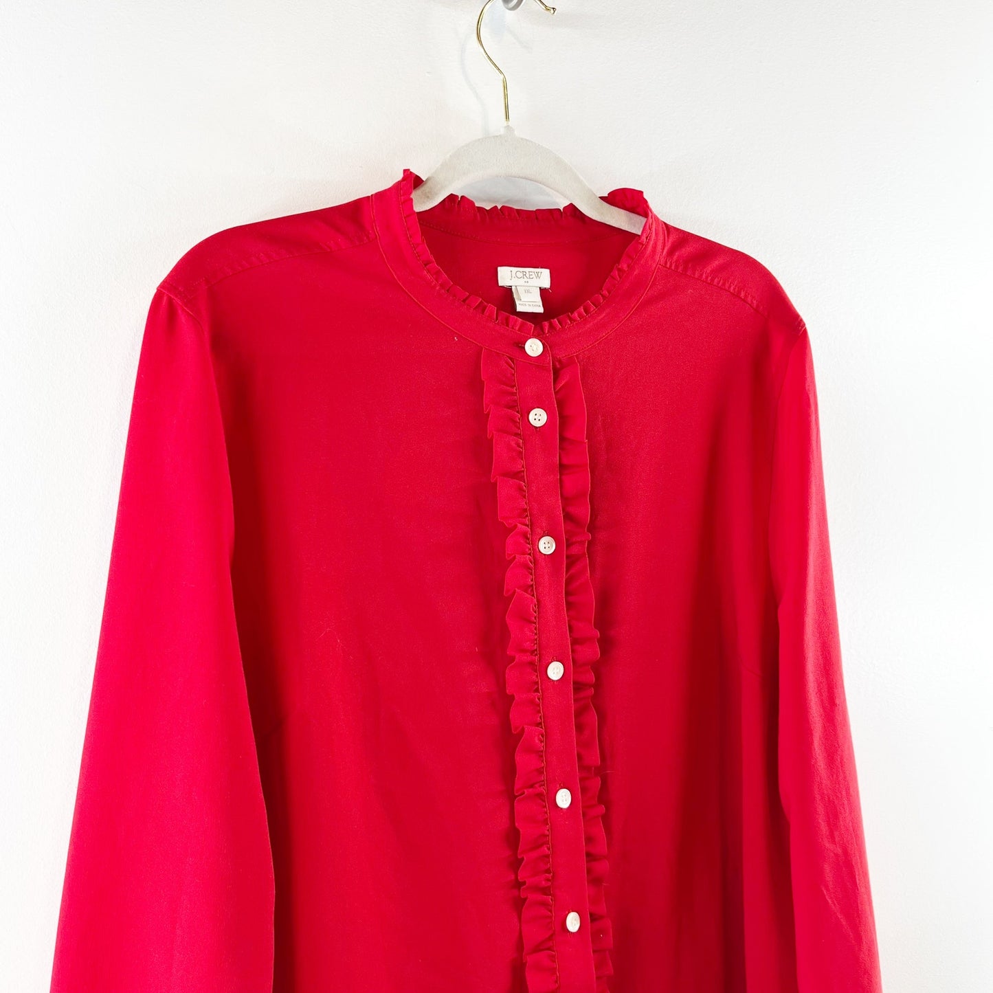 J. Crew Ruffle Front Long Sleeve Button Up Shirt Blouse Red XXL