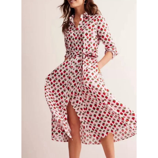 Boden Amy Cotton Strawberry Pop Midi Shirt Dress White Pink Red 8