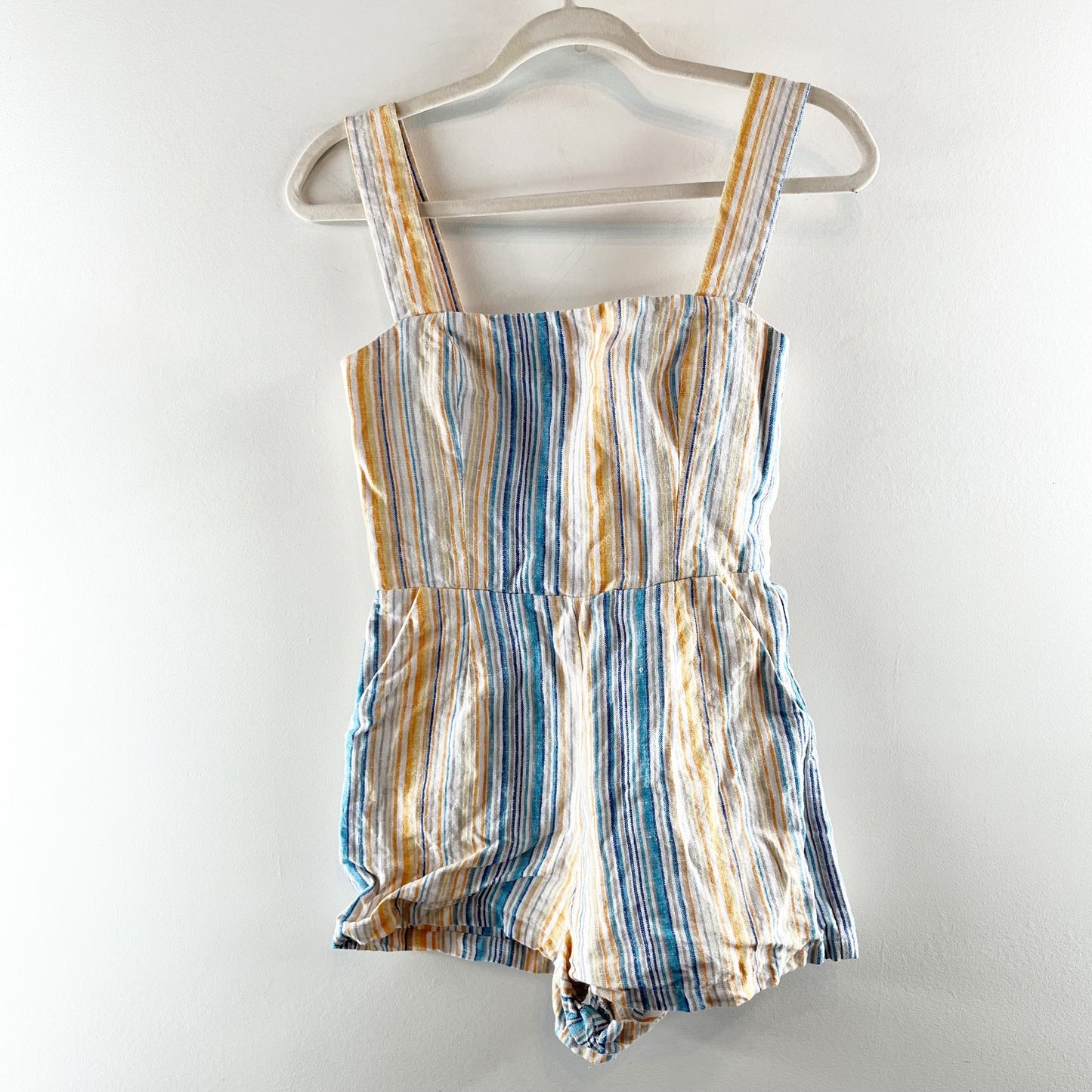 Reformation Island Linen Striped Shorts Romper in Marbella Orange Blue 2