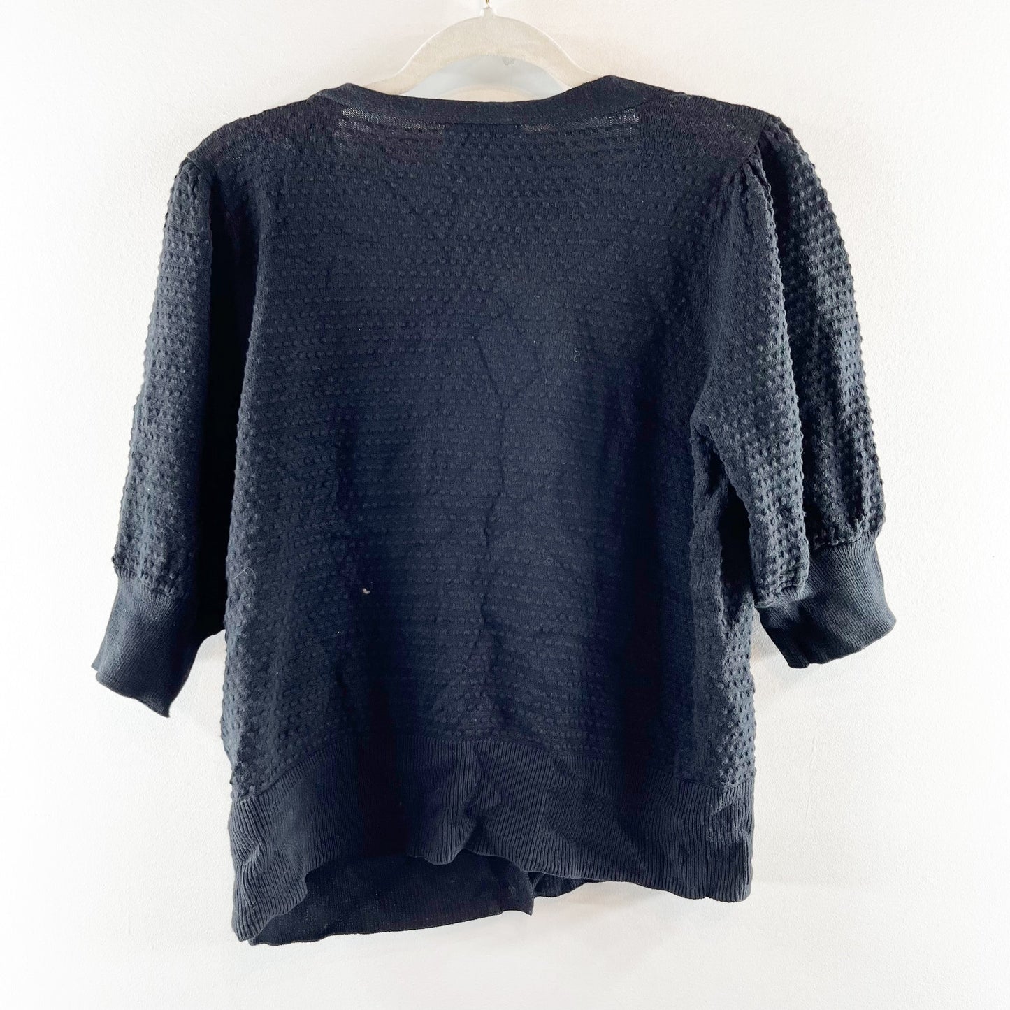 Draper James Short Puff Sleeve V Neck Button Up Cardigan Sweater Black Large