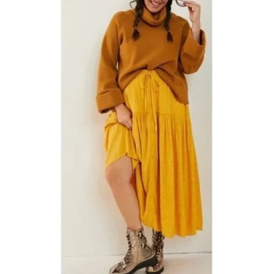 Maeve Anthropologie Tiered Pull On Boho Maxi Peasant Skirt Yellow Small