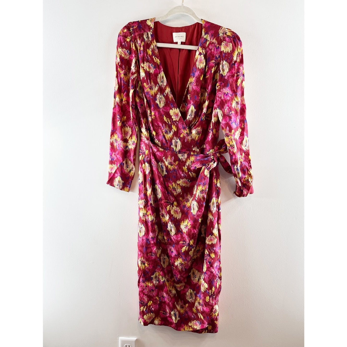 Sezane Long Sleeve V Neck Floral Wrap Midi Dress Pink Red 38 / US 6