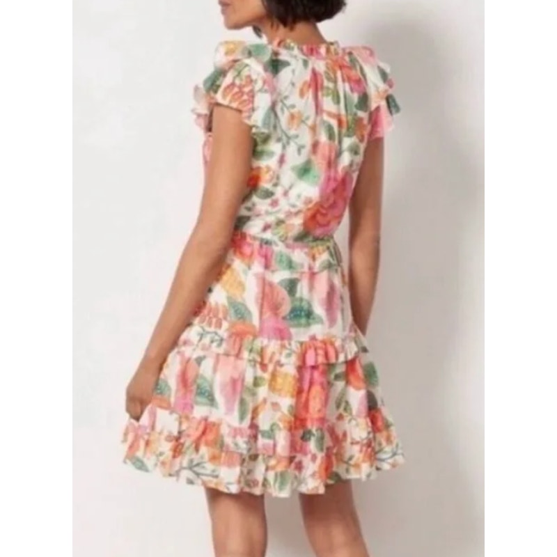 Farm Rio Macaw Bloom Floral Tiered Babydoll Mini Dress Pink White XS