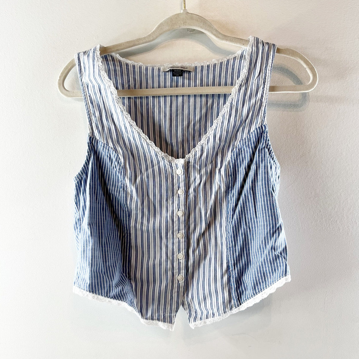 American Eagle Striped Button Up Sleeveless Tank Vest Blue White Medium