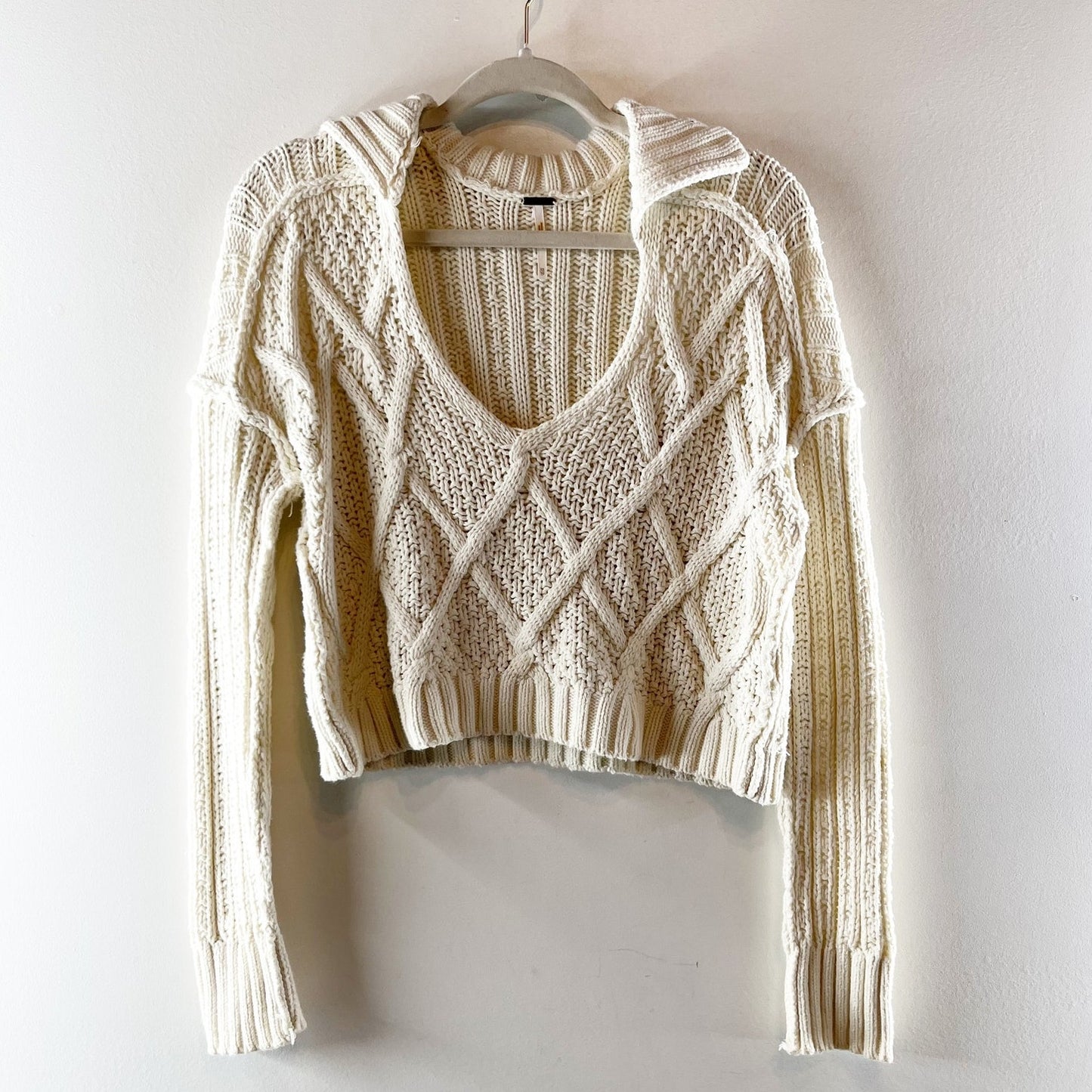 Free People Traveler Cable Pullover Sweater with Polo Collar Cream XS