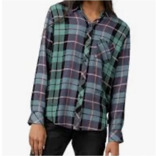 Rails Hunter Plaid Button Up Long Sleeve Shirt Teal Navy Blue Pink Small