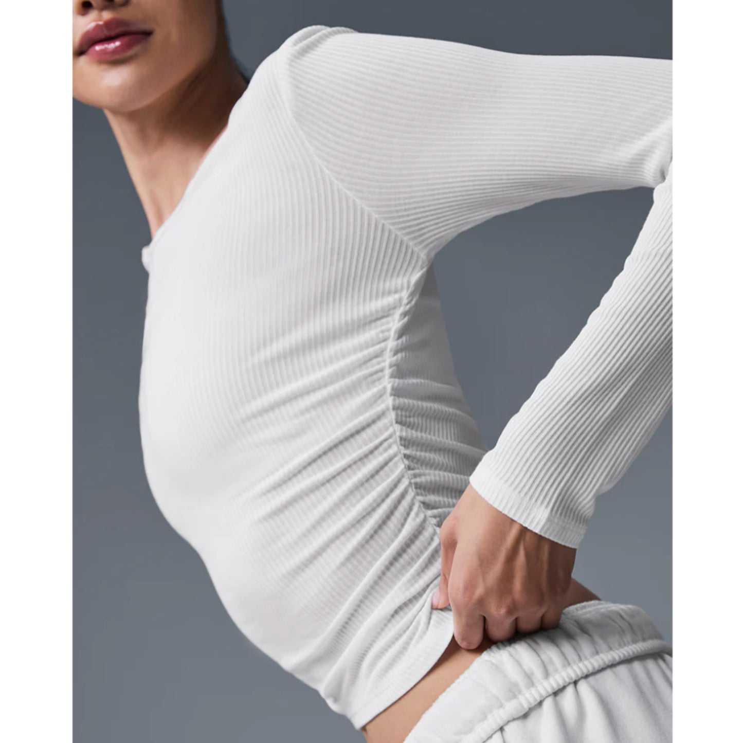 Alo Ribbed Long Sleeve Gather Top Shirt White Small