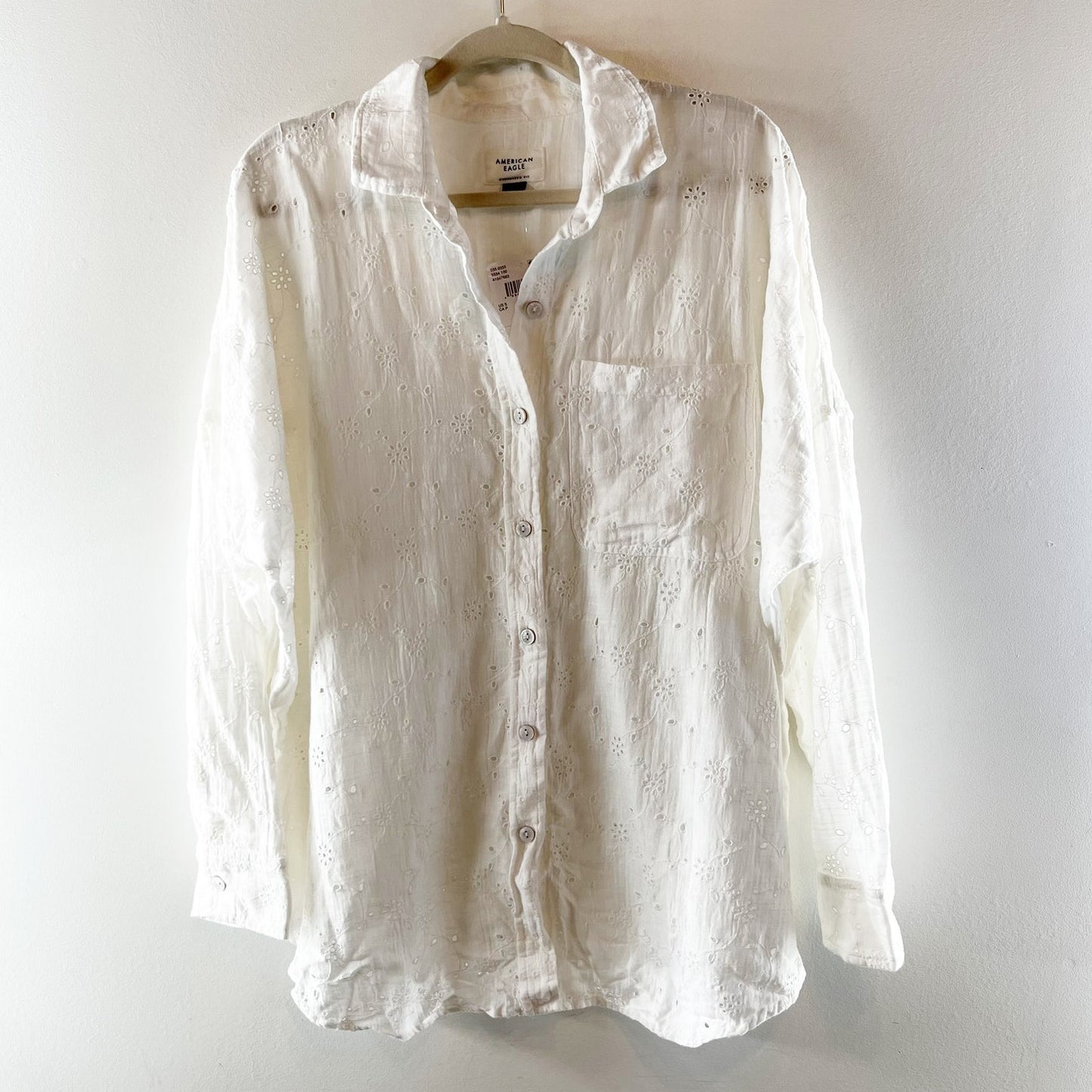 American Eagle Long Sleeve Eyelet Button Down Oversized Shirt White Small