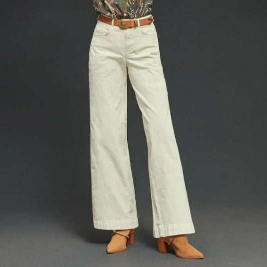 Anthropologie High Rise Wide Leg Corduroy Velvet Pants Cream 4