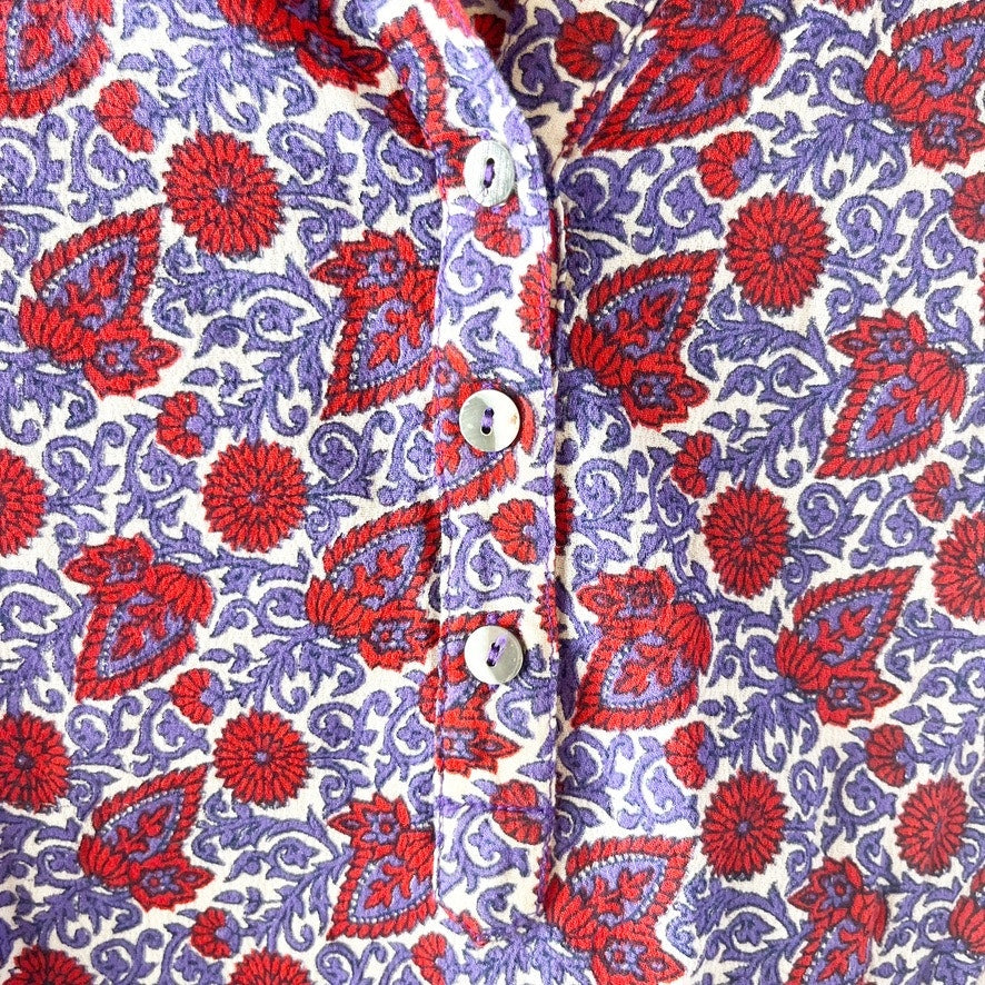 Xirena Short Sleeve Cotton Printed Sam Button Front Top Blouse Purple Red Small
