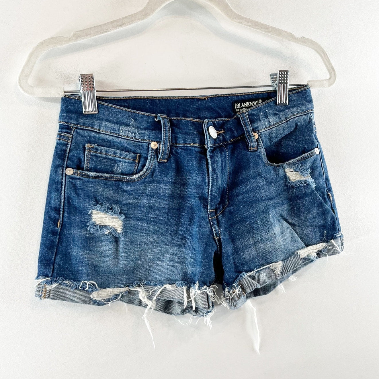 Blank NYC The Fulton Distressed Cutoff Mid Rise Jean Shorts Blue 25