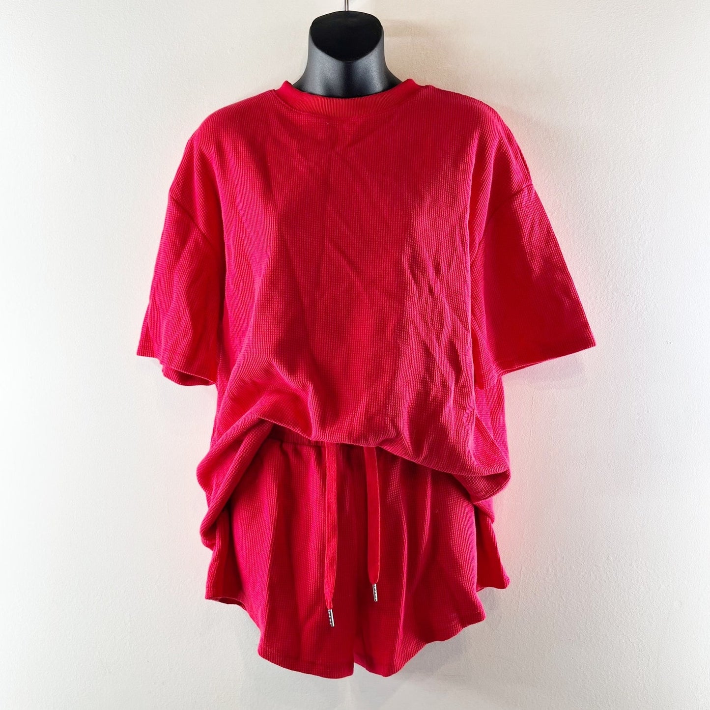 Comfrt Waffle Lounge Short Sleeve Oversized Tee and Shorts Matching Set Cherry M