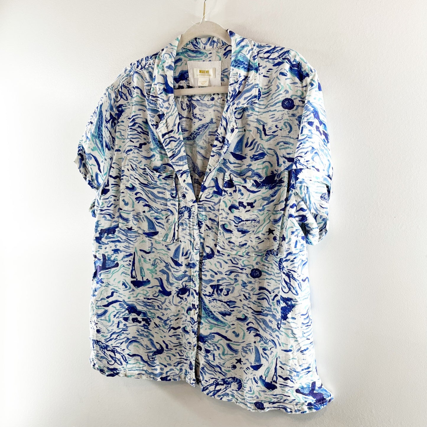 Maeve Anthropologie Short Sleeve Linen Blend Surf Shirt Blue XL