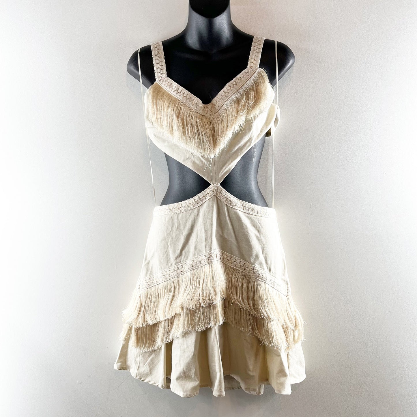 12th Tribe Haven Fringe Cutout Mini Dress Cream XL