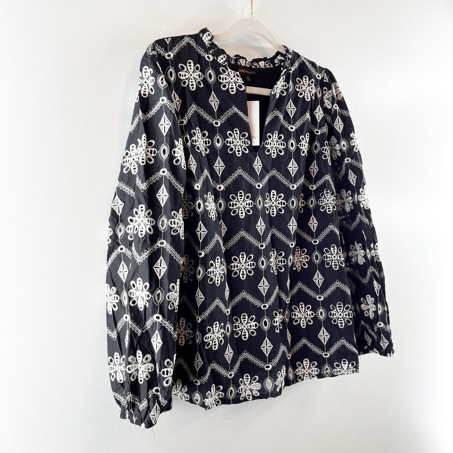 Sugarlips Embroidered Boho Long Sleeve Blouse Top Shirt Black White 1X