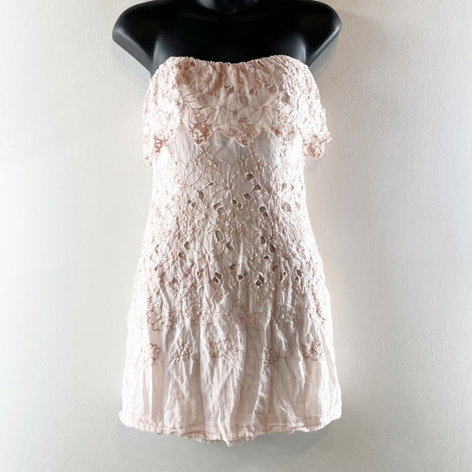 Free People Lace Strapless Ruffle Mini Dress Blush Pink 4