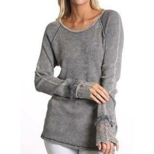 ABLE Thermal Waffle Knit Scoopneck Tunic Long Sleeve Top Mineral Gray Small