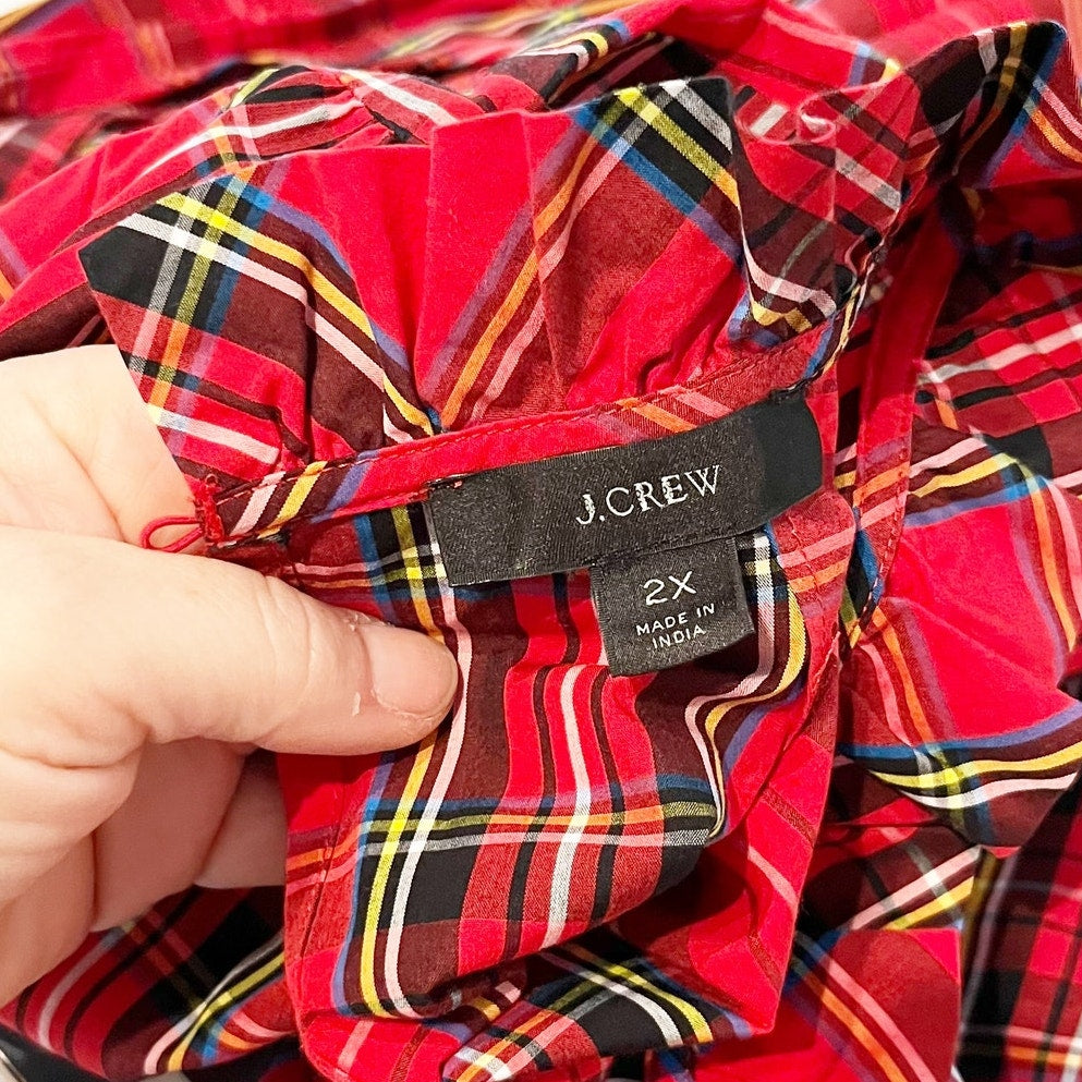 J. Crew Tartan Plaid Long Sleeve Ruffle Neck Blouse Top Red Plus 2X
