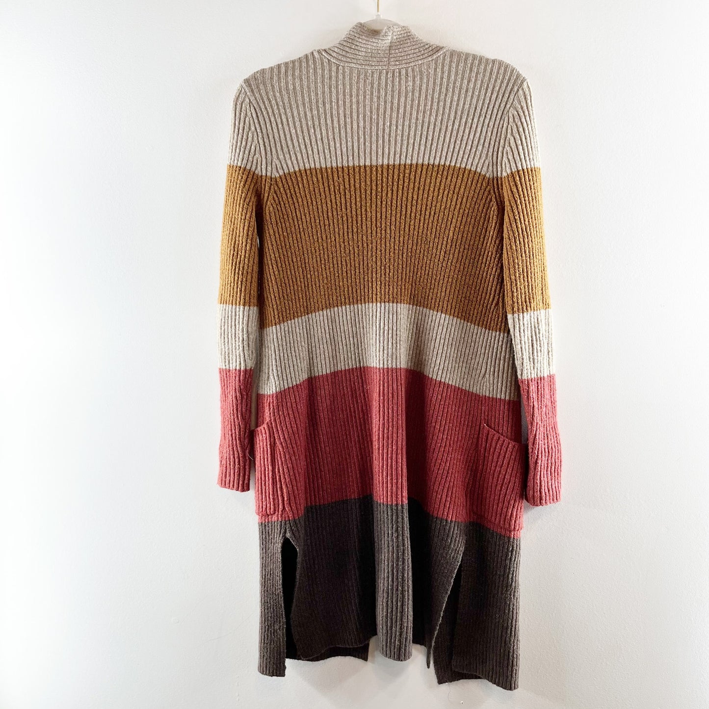 LOFT Colorblock Patch Pocket Open Front Ribbed Cardigan Sweater Multi Small