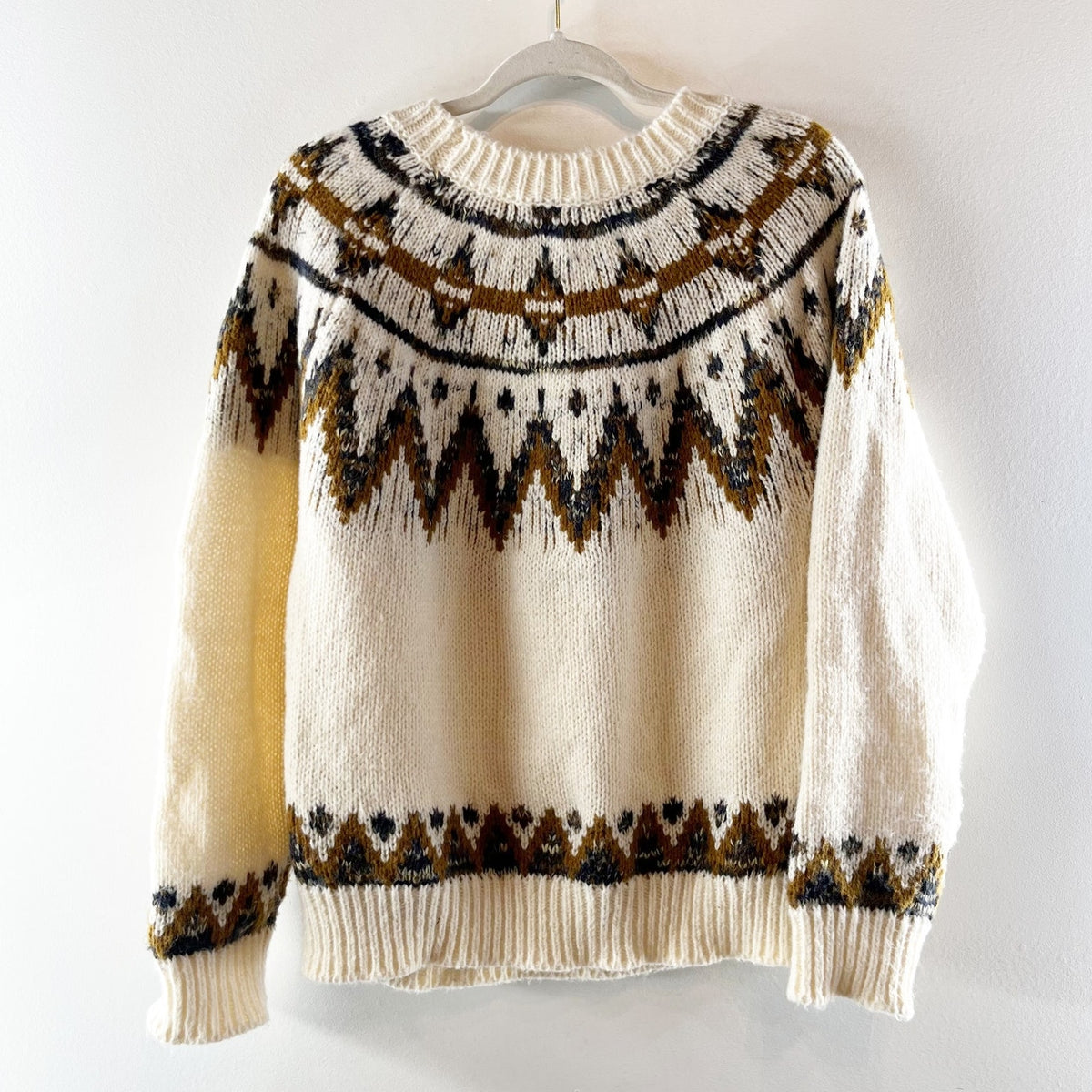 Heartloom Rae Fair Isle Crewneck Long Sleeve Pullover Sweater Cream Brown Large