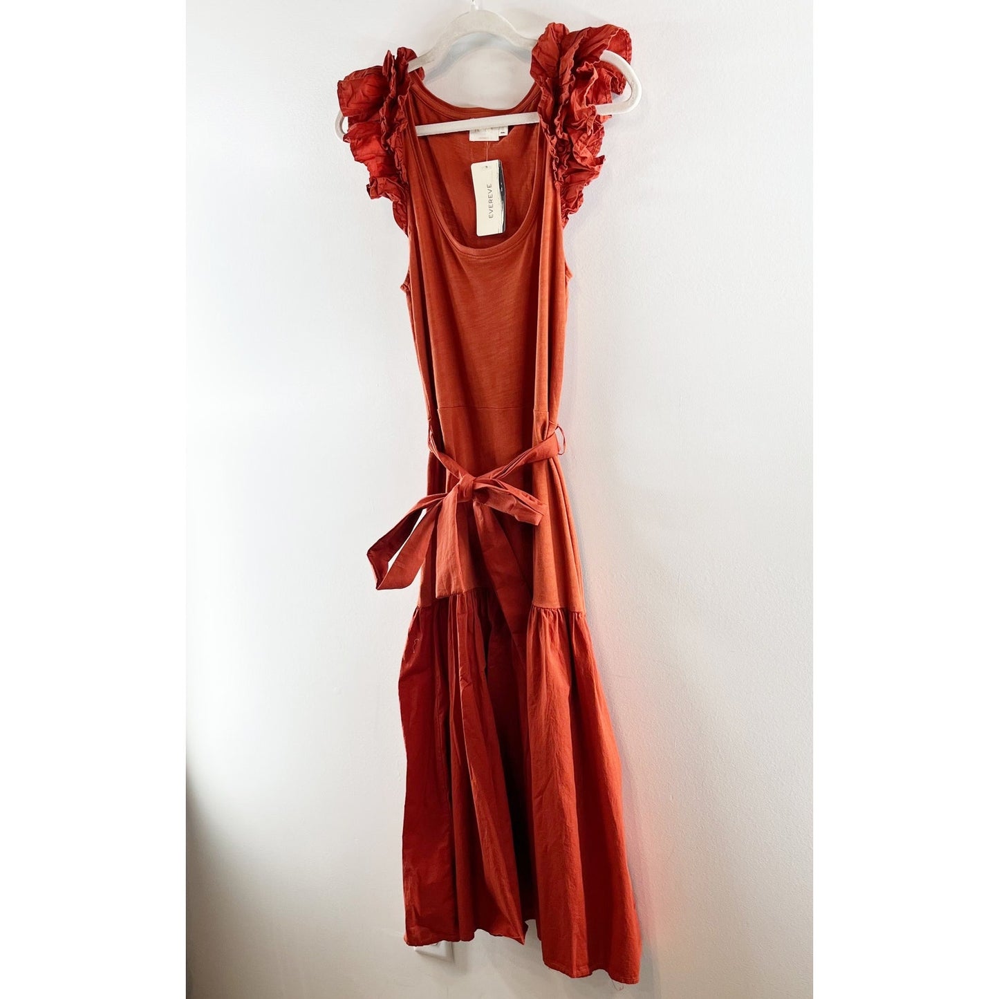 Nation LTD Everly Frilly Ruffle Strap Tiered Cotton Midi Dress Cayene Red Small