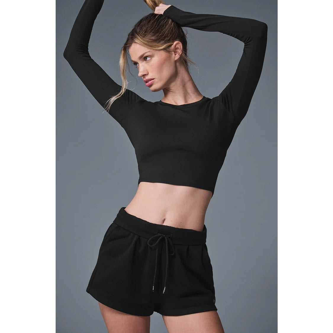 Alo Alosoft Crop Finesse Long Sleeve Fitted T-Shirt Top Black Small