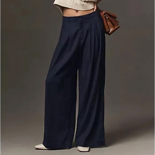 Maeve Anthropologie High Rise Pleated Front Wide Leg Trouser Pants Navy Blue 6