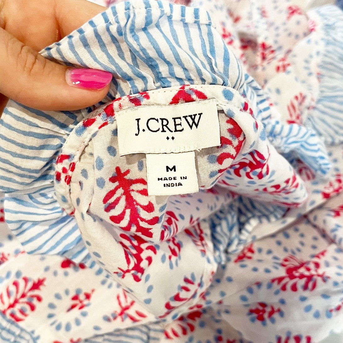 J. Crew Ruffle Tiered Mini Swim Cover Up Dress White Red Blue Medium