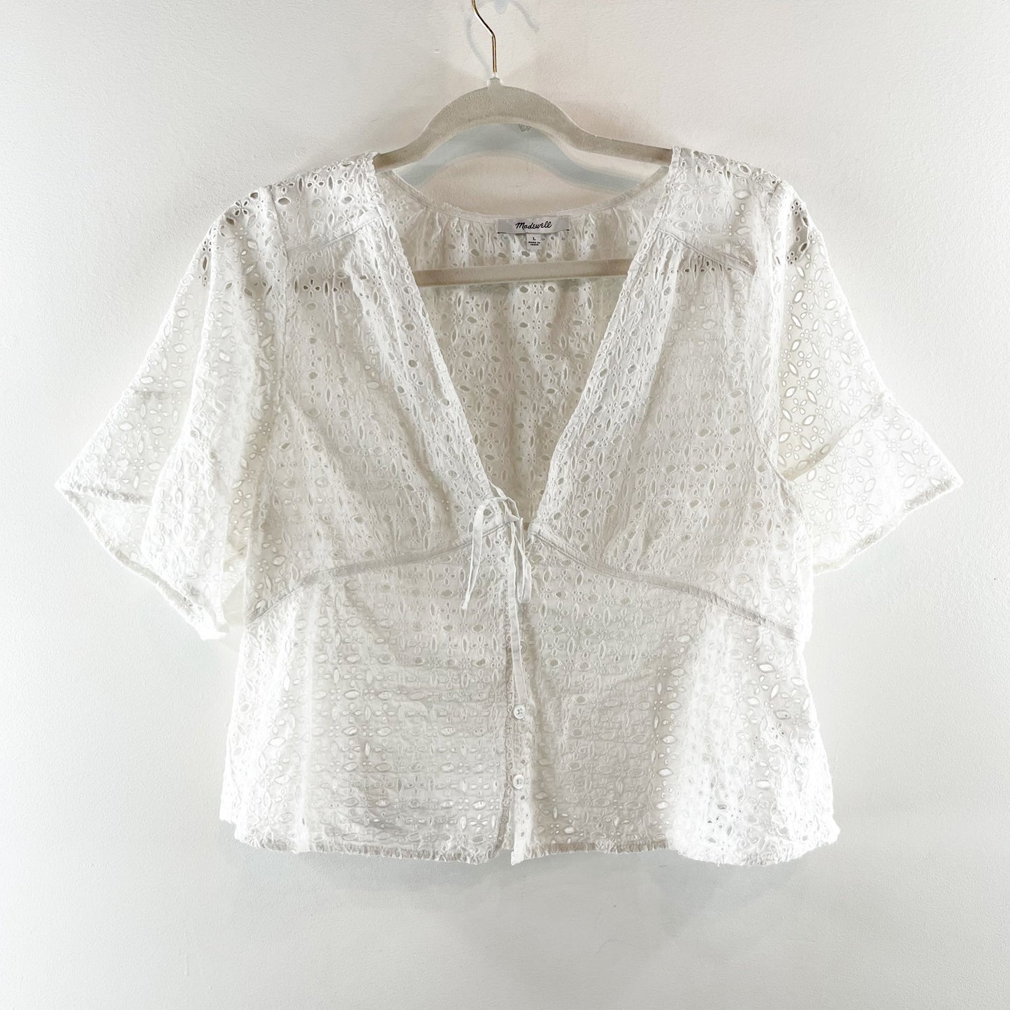 Madewell Tie Front Flutter Short Sleeve Eyelet Top in Soft White Large