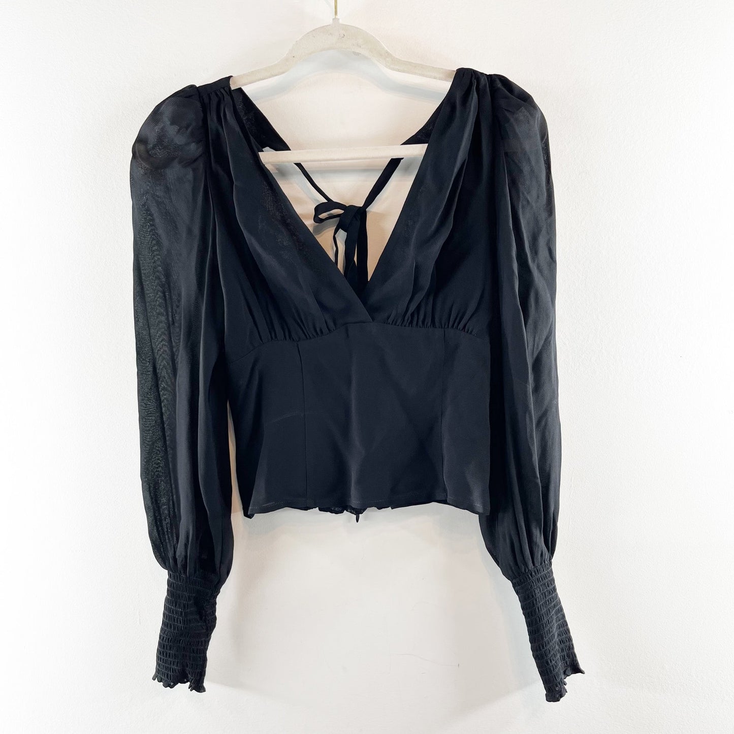 Reformation Michel Sheer Long Sleeve V Neck Tie Back Black Blouse Top 2