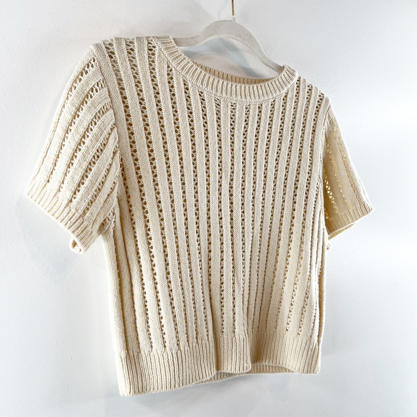 Elodie Short Sleeve Crochet Knit Cropped Sweater Tee Shirt Tan Beige Small