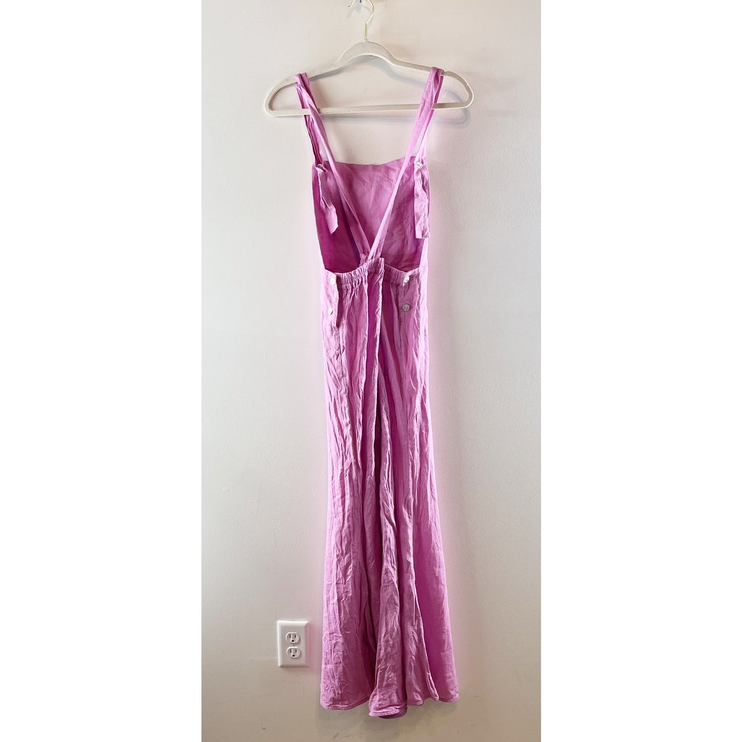 Sleeper Baccara 100% Linen Sleeveless Flare Leg Utilitarian Jumpsuit Pink Small