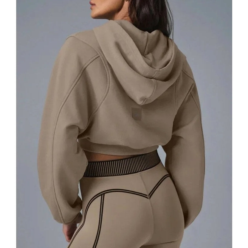 Alo Sweet Escape Full Zip Up Cropped Hoodie Sweatshirt Gravel Tan XS
