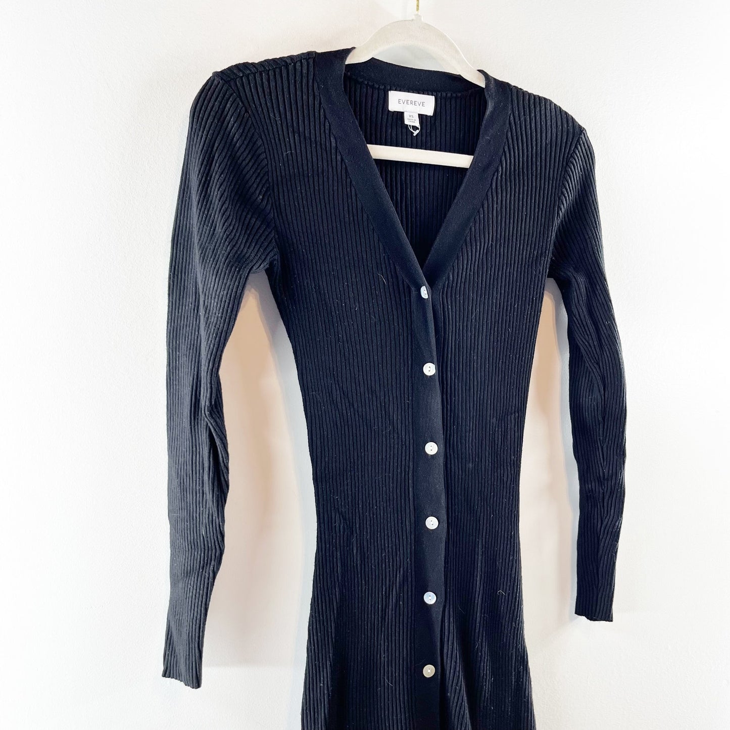 Evereve Ribbed V Neck Button Up Sweater Midi Dress Black XS
