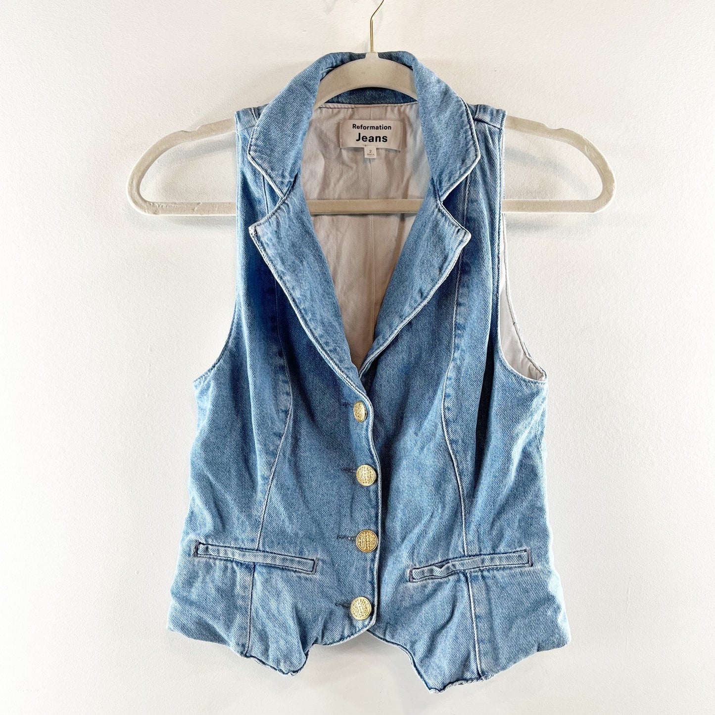 Reformation Jeans Nova Cotton Blend Collared Button-Front Denim Vest Leven 2