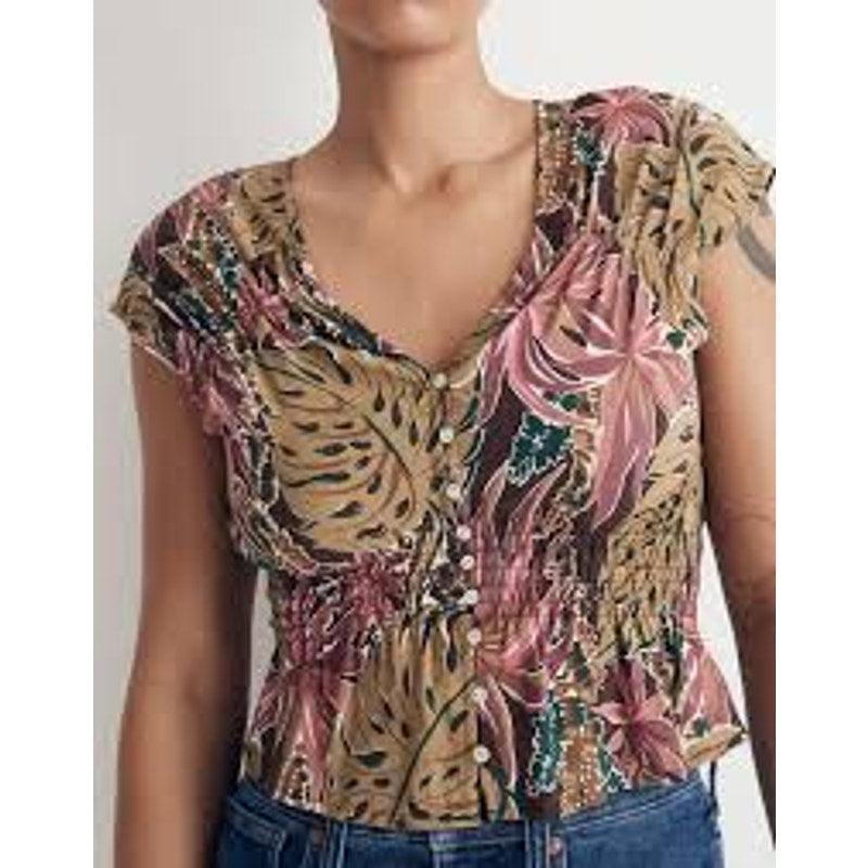 Madewell Shirred Cap-Sleeve Top in Brushstroke Monstera Dark Coffee Green Pink