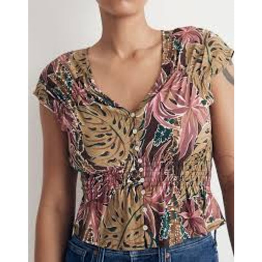 Madewell Shirred Cap-Sleeve Top in Brushstroke Monstera Dark Coffee Green Pink