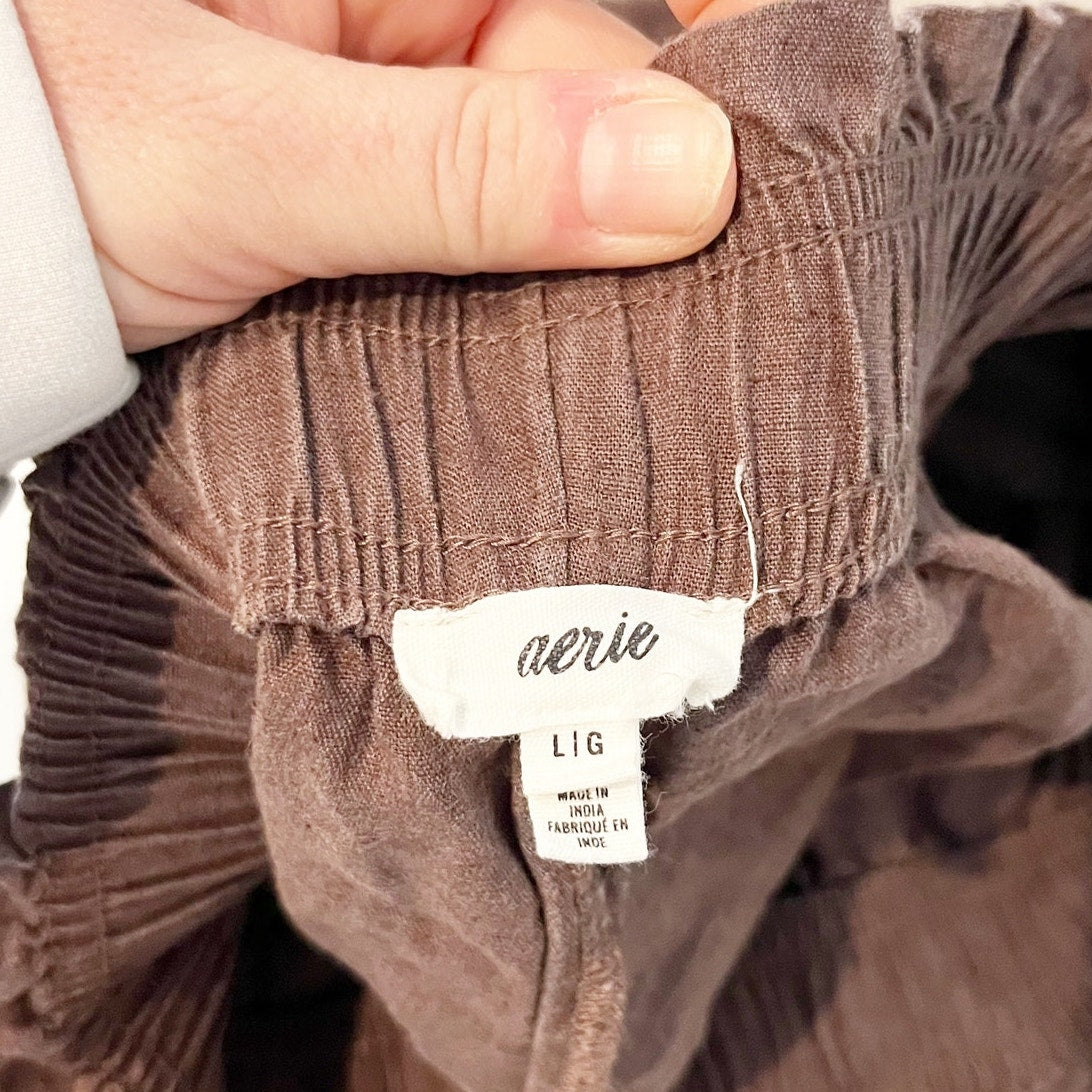 Aerie High Rise Ruffle Hem Linen Blend Pull On Shorts Brown Large