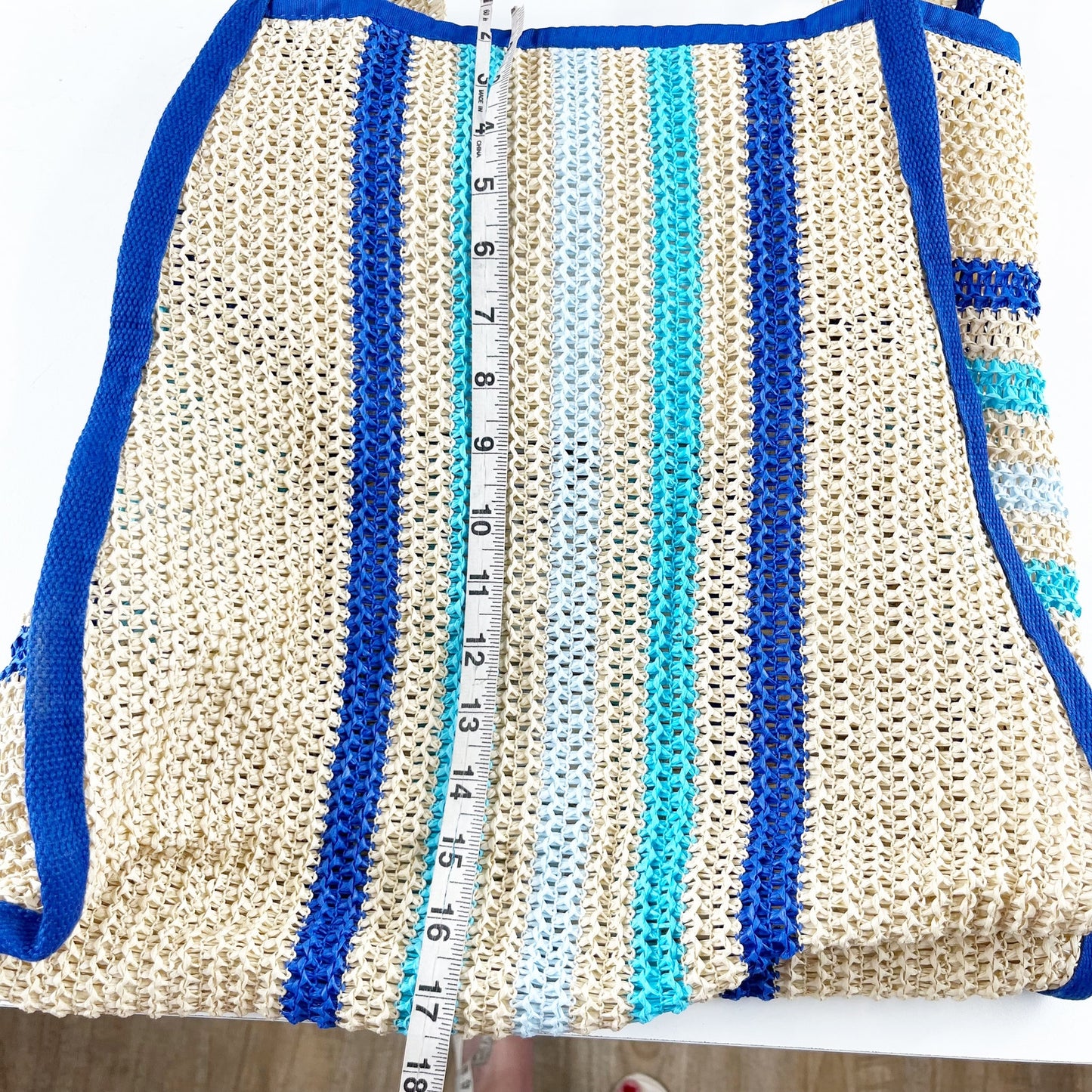 Styline Crochet Striped Beach Tote Bag Tan Blue